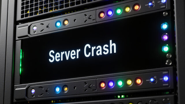 Server rack screen showing server crash indicating system outage failure and disruption of digital infrastructure services and network operations