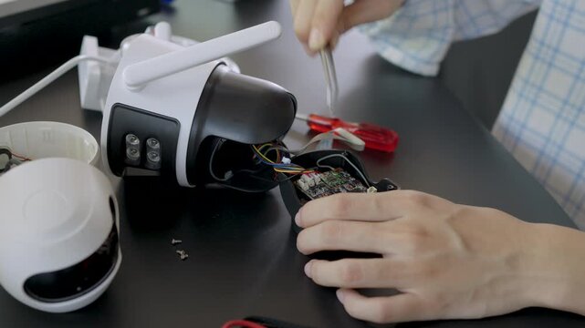 Repairing a wireless CCTV camera on a black background,