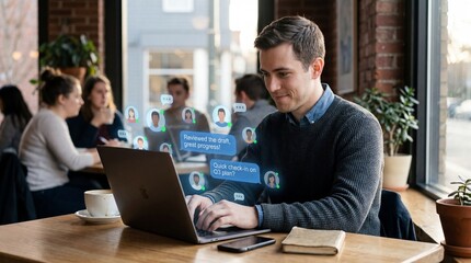 Obraz premium Young man working on laptop with digital social network communication interface