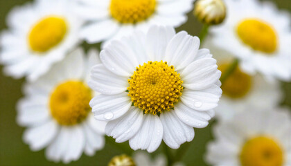 Obraz premium Bright white chamomile flowers with vivid yellow centers in clean natural light creating fresh high-contrast composition. Visual concept emphasizes purity, clarity, and uplifting energy through color 
