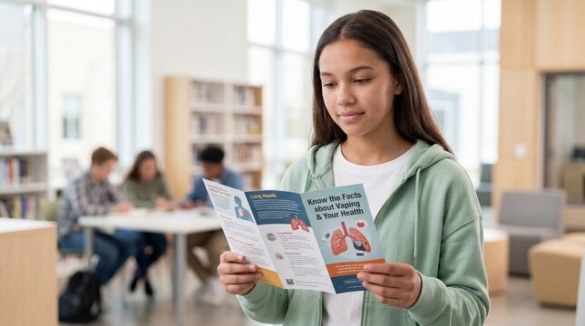 Young student reading a vaping health awareness brochure in a school library