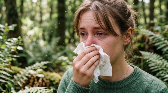 Young woman sneezing outdoors suffering from seasonal hay fever allergy