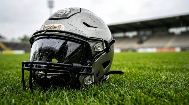 Close up of a wet grey American football helmet resting abandoned upon vibrant green stadium turf after rain