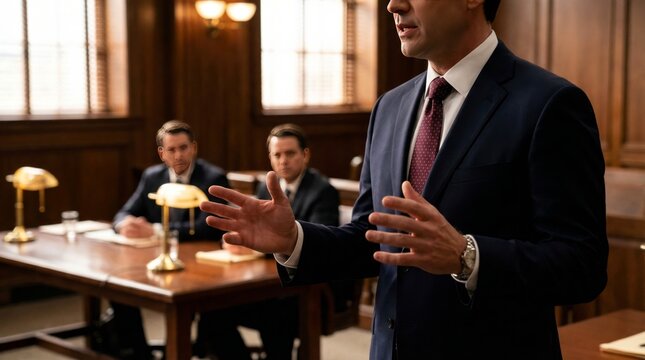 Attorney passionately argues a crucial legal point while seated counsel attentively listens during the trial proceedings
