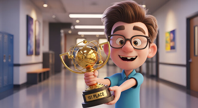 Happy Boy with Unibrow Holding First Place Science Trophy
