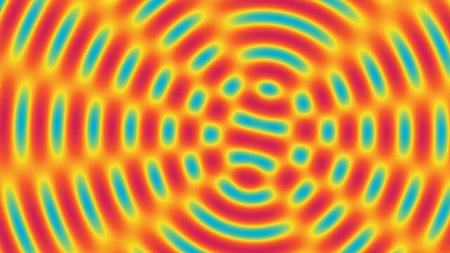 Vibrant Abstract Wave Interference Pattern Background. Dynamic Ripple Effect with Red, Orange, Yellow & Blue Gradient. Modern Digital Energy Field.