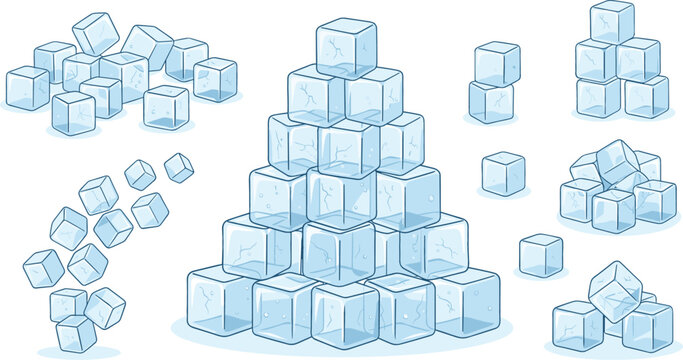 Ice Cube Collection Vector Illustration Set Featuring Transparent Frozen Blocks, Stacked Piles, Melting Effects, and Realistic Cold Beverage Elements for Design Use
