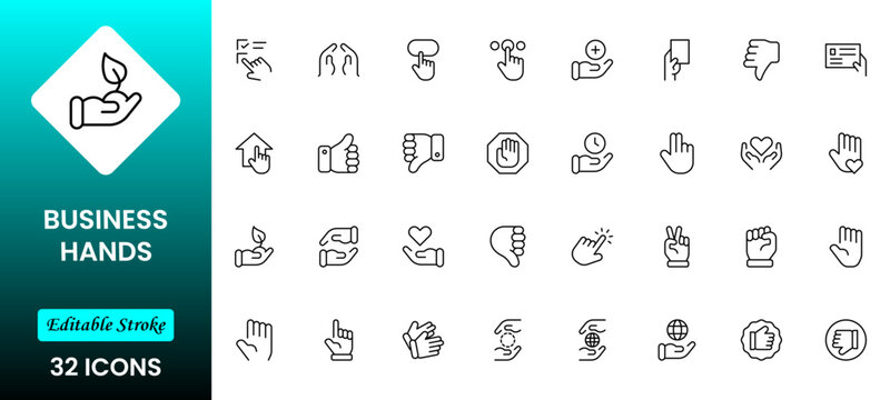 Business Hands outline web icons set. Fingers, hands, thumbs up, ok, points, touch, pray, hand shaking, and like. Vector illustration