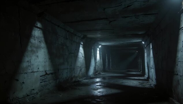 Dark abandoned underground tunnel corridor looping background with cracked concrete walls, wet floor reflections, eerie beam light and deep shadow, creating horror mystery travel atmosphere in passage