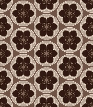 Repeating geometric pattern with dark brown flower-like shapes. Each design features six-pointed symmetry with radiating lines. Creamy outlines frame each element against a muted brown background