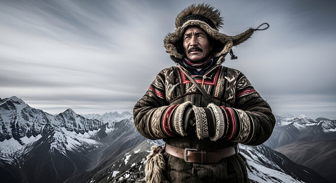 Rugged Mountain Man with Unibrow Wearing Traditional Winter Gear