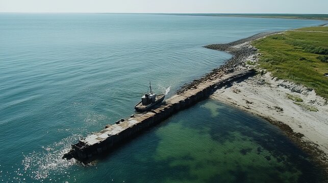 Aerial view of a tugboat near a partially submerged breakwater on a coastline
