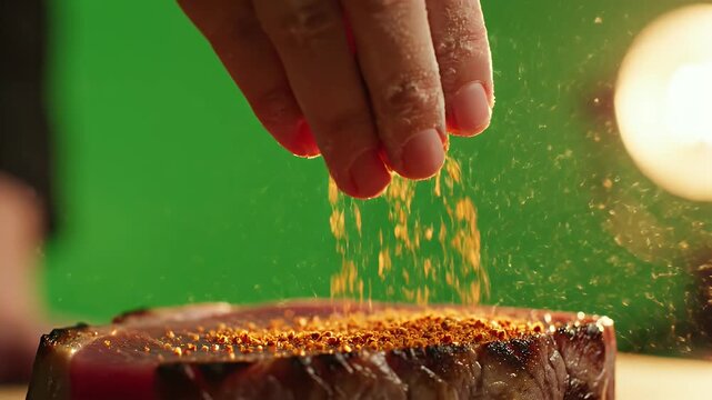 Close Up Hand Seasoning Raw Beef Steak With Spices Over Green Screen Background Brightly Lit Overhead Shot
