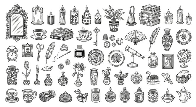 Collection of antique decorative objects and elements in sketch style.