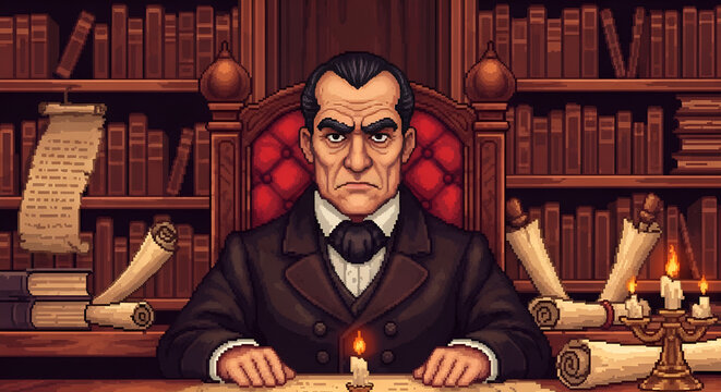 Pixel Art Portrait of a Stern Scholar with a Unibrow in Library