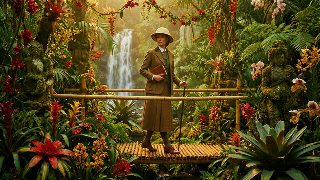 A determined and elegantly dressed female explorer, donning a vintage tweed suit, classic pith helmet, and carrying an old leather journal with a walking stick, embodies historical adventure and