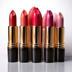 Obraz premium Lipsticks lined up in shades against a white backdrop