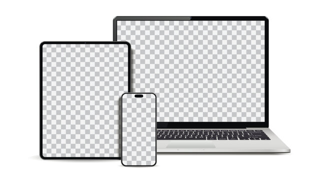 Realistic laptop, tablet, smartphone mockup. Set technology devices with empty display