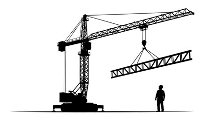 Tower crane lifting steel beam with construction worker striking silhouette © Asia