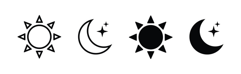 Sun and moon vector icons day and night symbol set dark and light mode screen brightness and contrast level symbols for app interface and web elements © PixelNest