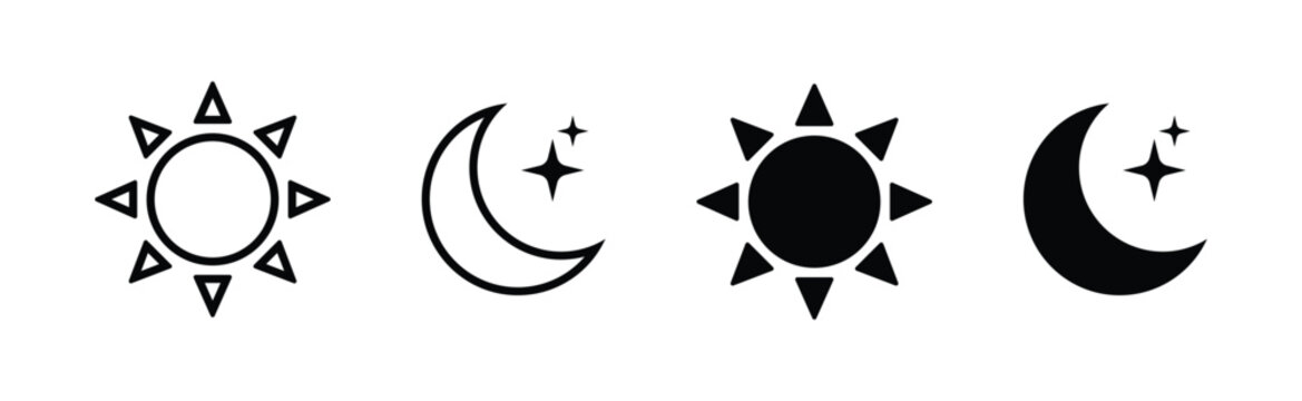 Sun and moon vector icons day and night symbol set dark and light mode screen brightness and contrast level symbols for app interface and web elements
