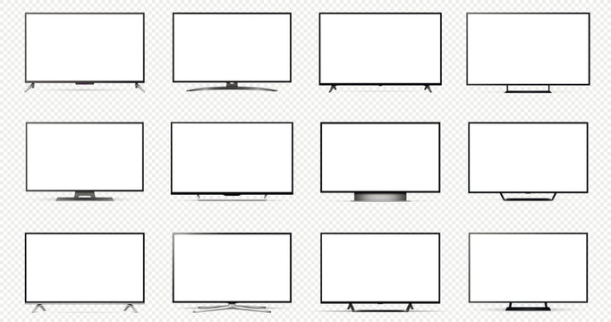 Realistic smart tv mockup set. Different television display with blank screens isolated on transparent background.