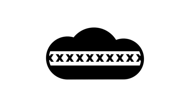 A black cloud icon contains a white strip with ten small black x characters inside of it and is placed in the center of the seventh white rectangle