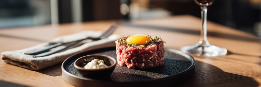 Classic French Beef Tartare With Egg Yolk On Black Slate Contemporary Fine Dining Food Photography