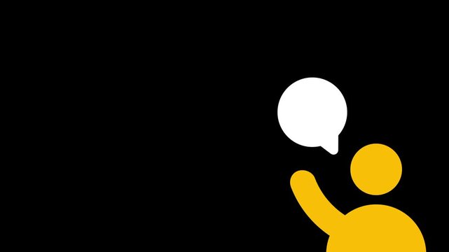 A yellow silhouette of a person is shown from the chest up with a white speech bubble appearing near their head in the thirteenth black square area