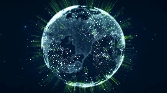 Animated globe with interconnected lines and glowing nodes representing global connectivity and data exchange. Visualizing the digital world and its networks