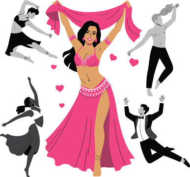 Belly dancer and people dancing vector set, with pink costume, hearts, performers, and party icons