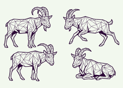 Low Poly Ibex Goat Line Art and Silhouette Collection