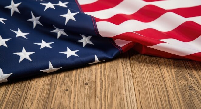 Close up of the american flag waving displaying stars and stripes on a wooden surface