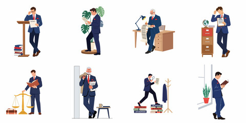 Fototapeta premium Set of professional lawyer and attorney characters in various office scenarios, reviewing contracts, signing documents, and upholding justice in a flat vector style.