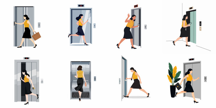 Set of flat illustrations of a businesswoman interacting with office elevators in various situations like rushing, entering, and waiting for the lift.