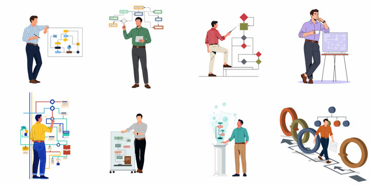 A collection of business professionals analyzing and managing complex data flowcharts, digital diagrams, and strategic processes in various modern office and virtual environments.