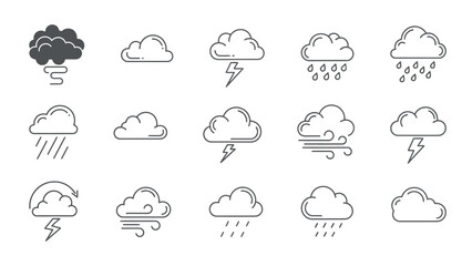 Obraz premium Weather and Cloud Line Icon Set - Rain, Storm, Wind, and Lightning Vectors