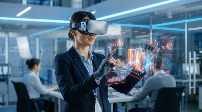 A professional businesswoman wearing a virtual reality headset and data gloves interacts with complex holographic graphs and charts in a modern office environment.
