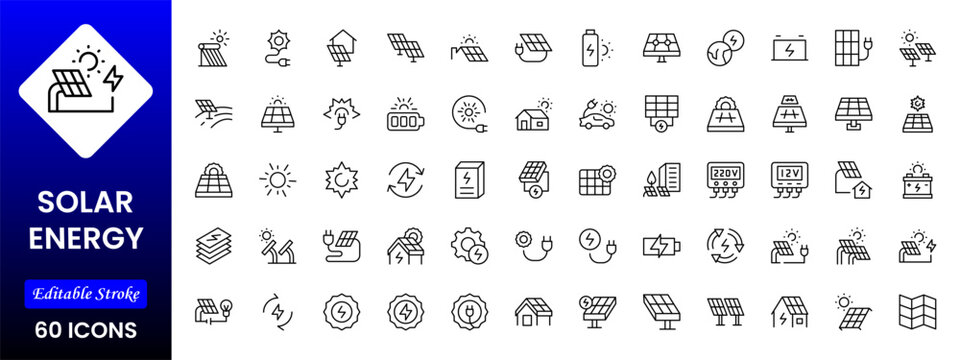 Solar Energy icon set. Green energy icon set. Collection of renewable energy, ecology and green electricity icons. Vector illustration.