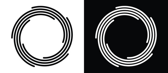 Two variants of concentric segmented circle with rotation gaps displayed on white and black backgrounds. Minimalist vector icon for speed, technology, branding and modern UI design concepts.