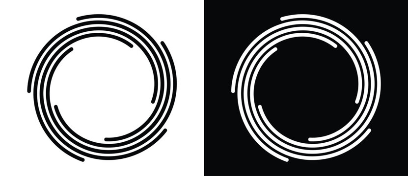 Two variants of concentric segmented circle with rotation gaps displayed on white and black backgrounds. Minimalist vector icon for speed, technology, branding and modern UI design concepts.