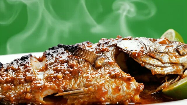 Close-up Of Delicious Ikan Bakar Jimbaran Grilled Fish With Spice Marinade And Lime On A White Plate Against A Vibrant Green Background