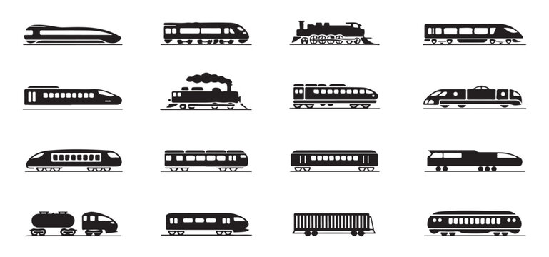 Railway transport silhouettes collection with modern bullet trains vintage locomotives and cargo freight cars