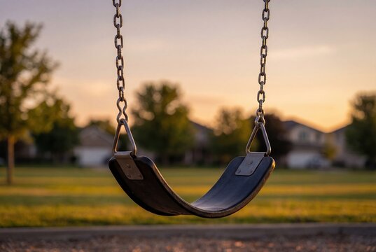 An empty swing set seat with metal chains glows in the warm, golden light of a beautiful sunset over a blurred suburban park and houses.
