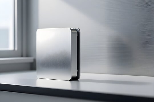 A sleek and minimalist brushed metal electronic device sits on a modern desk surface.