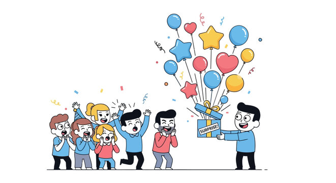 A colorful illustration of a group of people celebrating April Fools' Day with a man holding a gift and balloons, conveying a joyful and playful mood with a mix of bright colors on a white