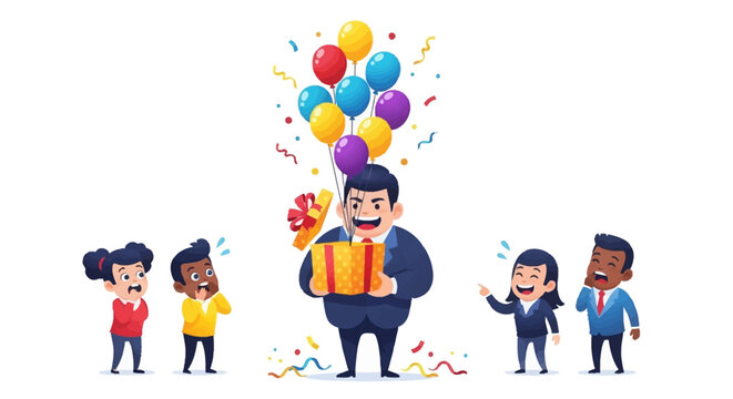 Illustration of a man with a gift and balloons surrounded by diverse people celebrating an April Fools' Day event with a joyful mood and colorful confetti against a clean white background.