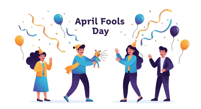 Illustration of people celebrating April Fools' Day with balloons and confetti, spreading harmless hoaxes as a joke in a colorful design on a white background.