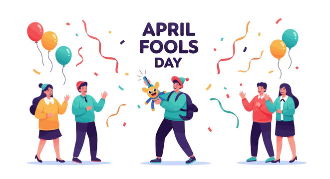 Illustration of people celebrating April Fools' Day with balloons and confetti in a colorful design for annual tradition and harmless jokes on a white background.