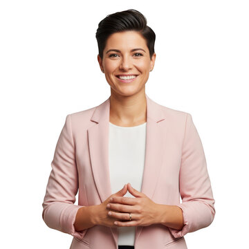 Young woman in a white shirt sitting and smiling softly isolated on transparent background,png